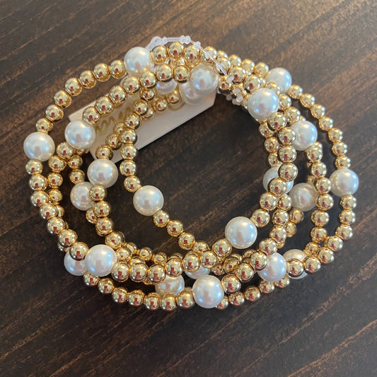 Gold Beaded and Pearl Stretch Bracelets, Set of 5