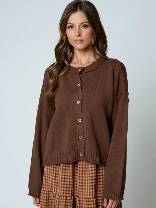 Raw Edge Seam Button Down Cardigan, Brown