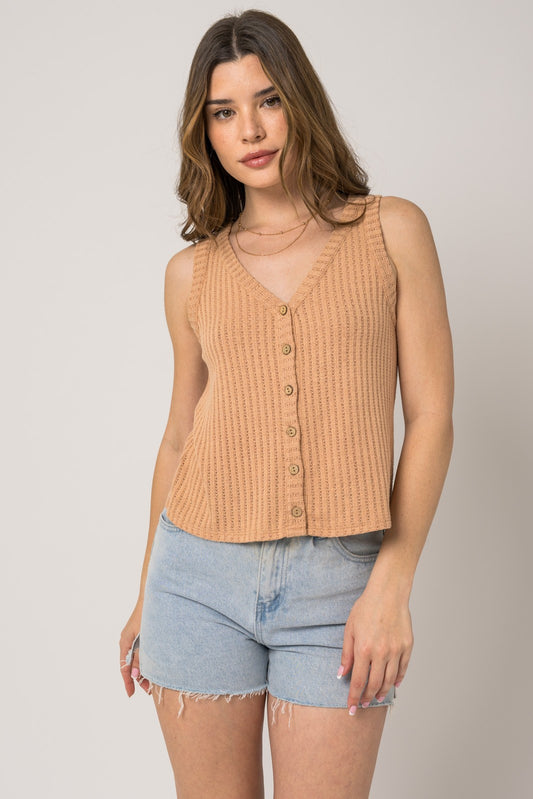 V Neck Button Down Tank, Butterum