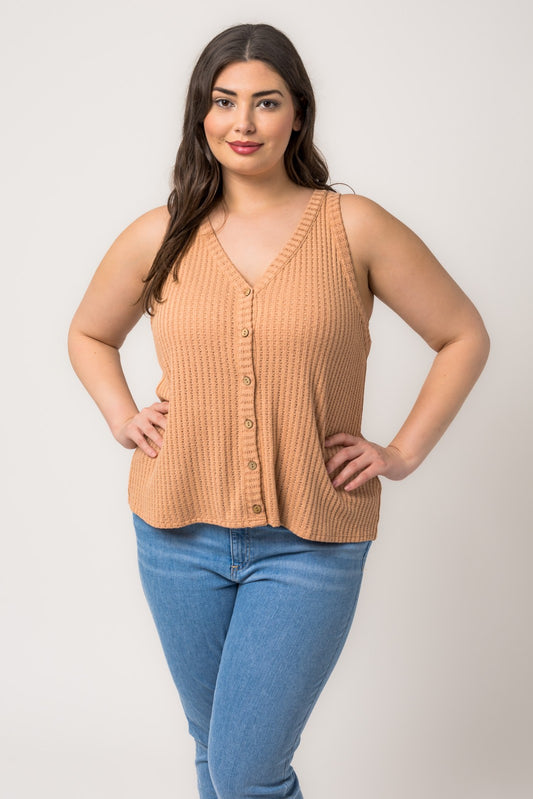 Plus V Neck Button Down Tank, Butterum