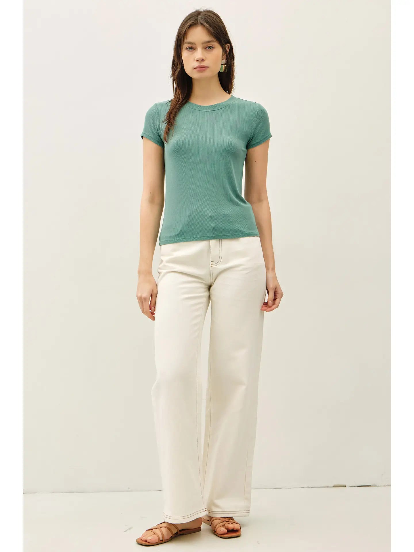Ribbed Short Sleeve Basic Top, Jade