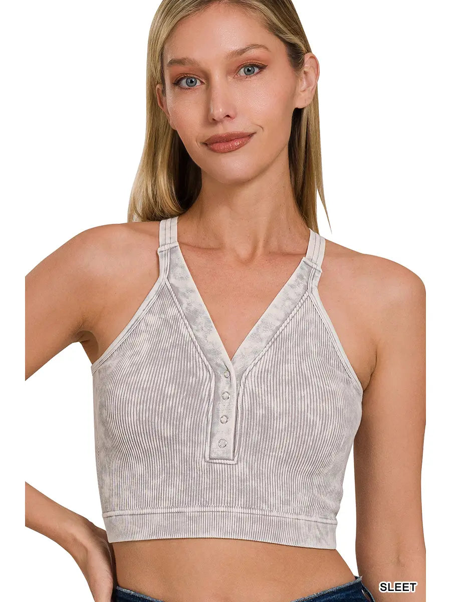 Zenana Washed Ribbed Button V-Neck Tank, Multiple