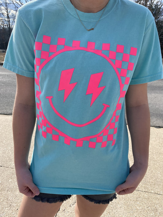 Checkered Happy Face Neon Pink Lagoon Pigment Dyed Tee