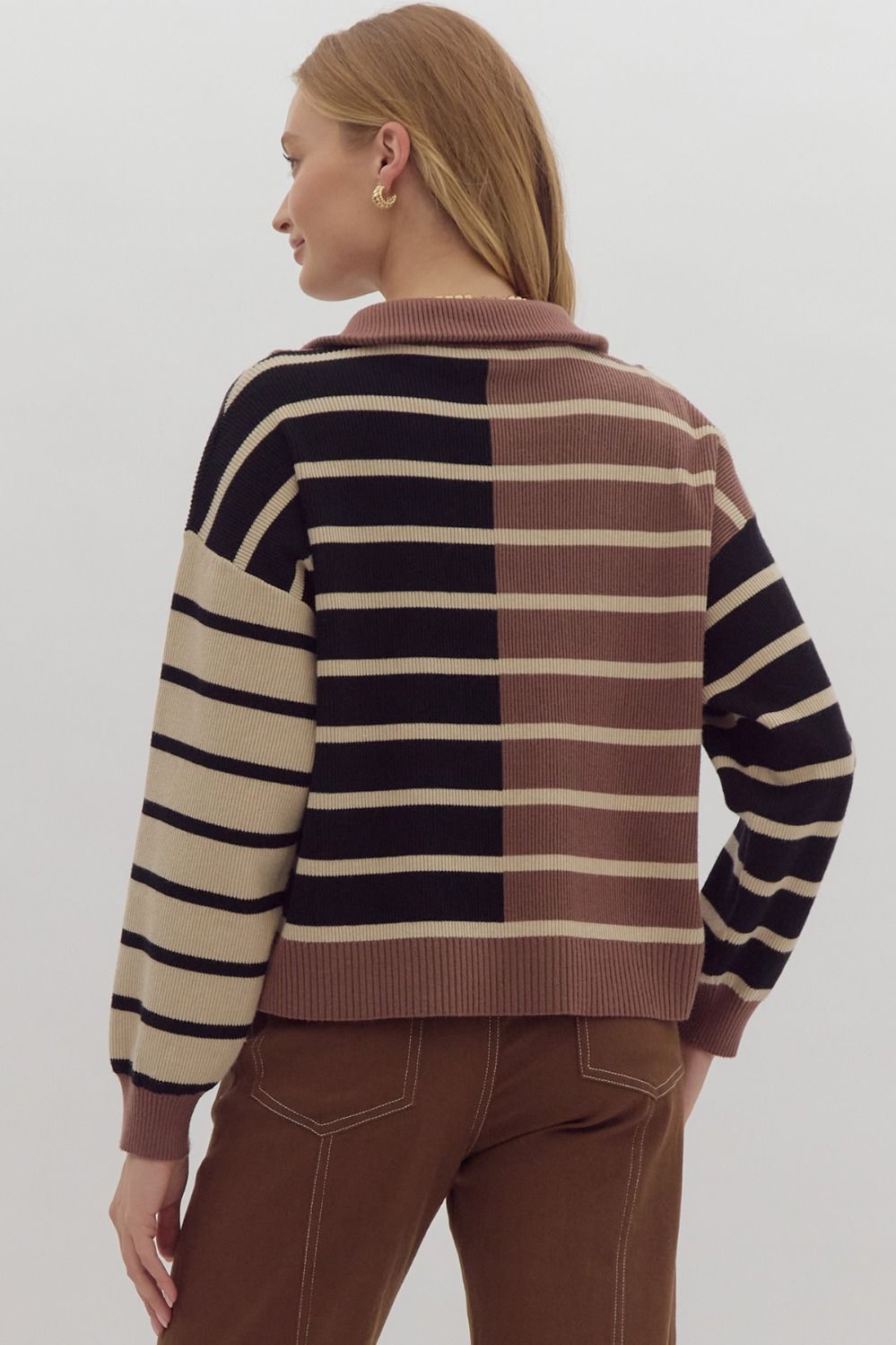 Stripe Color Block Zip Sweater, Brown Multi