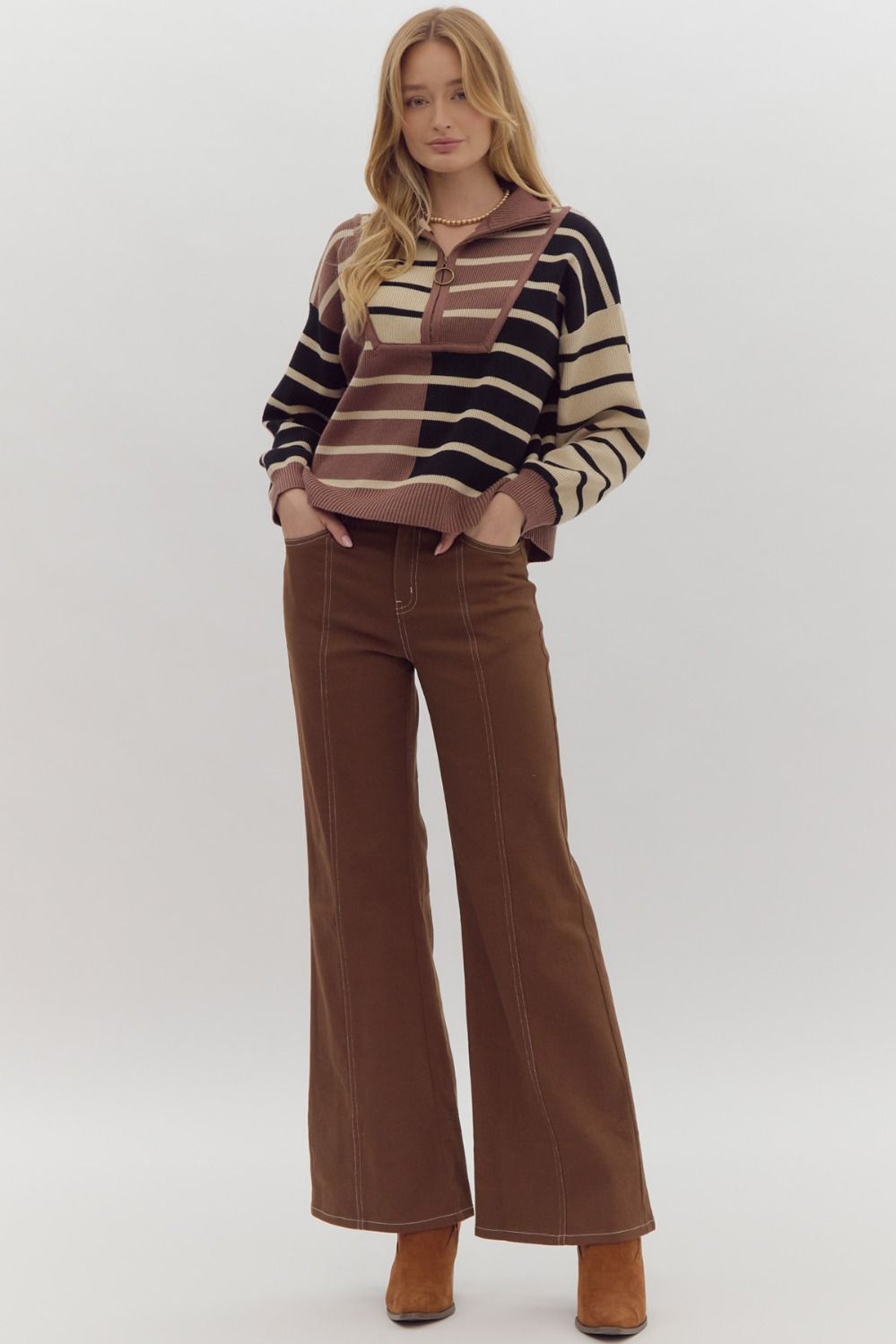 Stripe Color Block Zip Sweater, Brown Multi