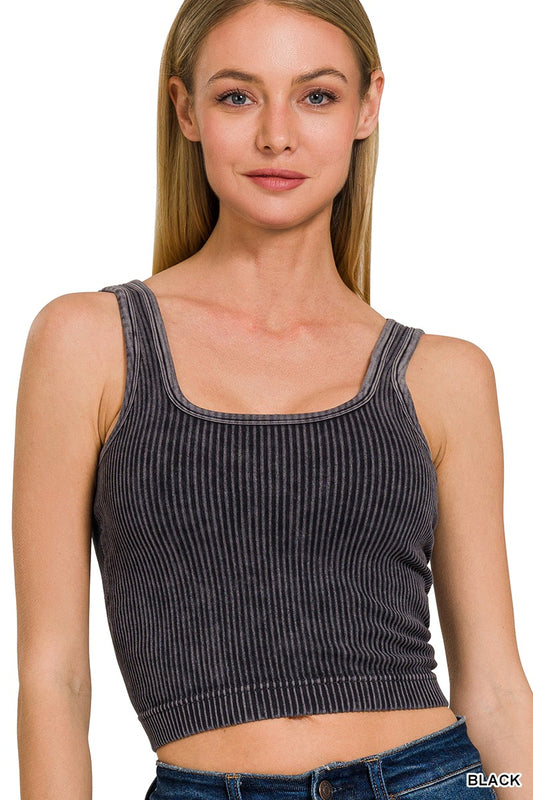 Zenana Stone Wash Square Neck Tank, Black