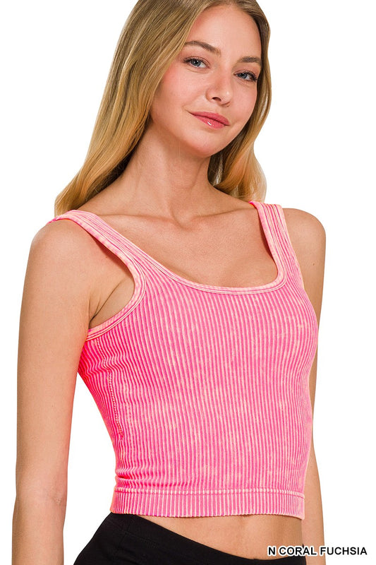 Zenana Stone Wash Square Neck Tank, Coral Fuchsia