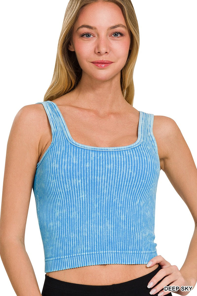 Zenana Stone Wash Square Neck Tank, Deep Sky